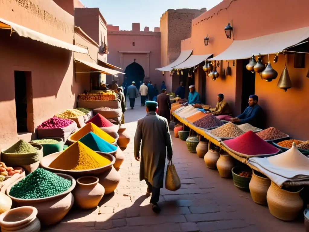 Mercado animado en Marrakech: colores vibrantes y luz cálida Mercado bullicioso en Marrakech, Marruecos, con textiles vibrantes, especias y alfarería