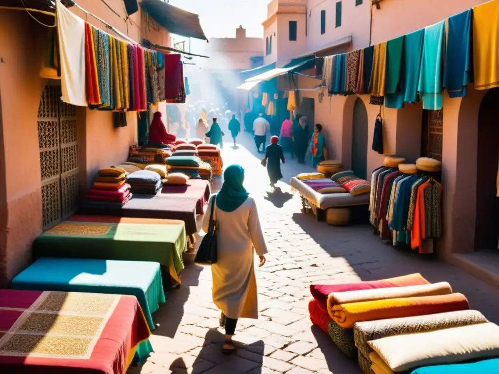 Un mercado bullicioso en Marrakech con textiles vibrantes y vestuario islámico sostenible en exhibición