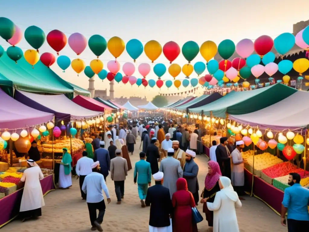 Mercado bullicioso durante Eid al-Fitr con tradiciones islámicas, intercambio de regalos y delicias festivas