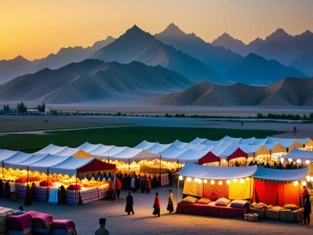 Un mercado bullicioso Uigur en Xinjiang, China, con textiles y artesanías tradicionales coloridos bajo la cálida luz del sol poniente