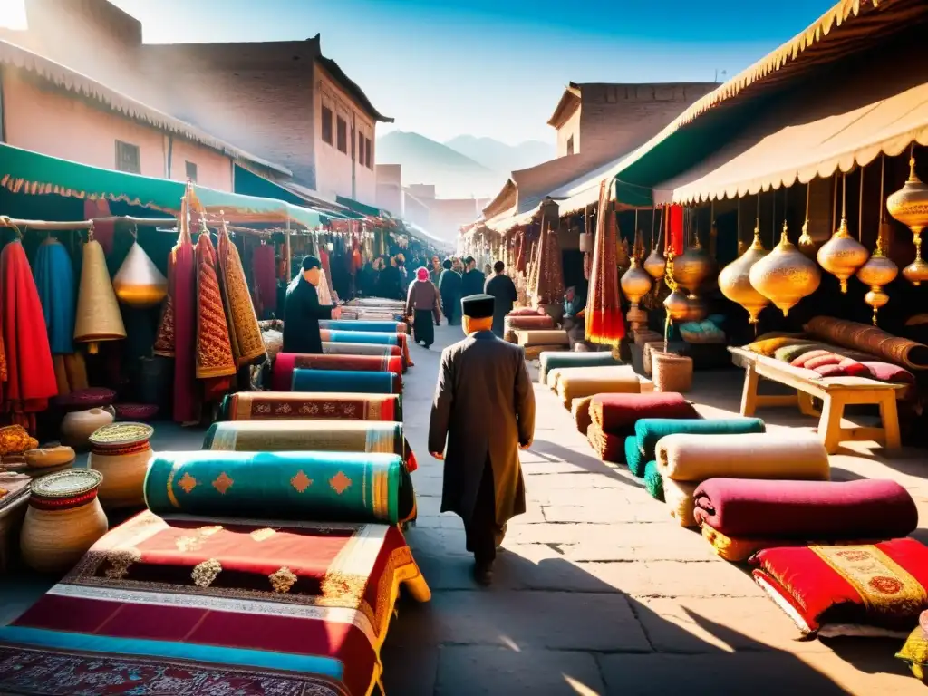 Mercado bullicioso de Uigures en Xinjiang, China, preservando identidad islámica Uigures China con colores vibrantes y textiles tradicionales