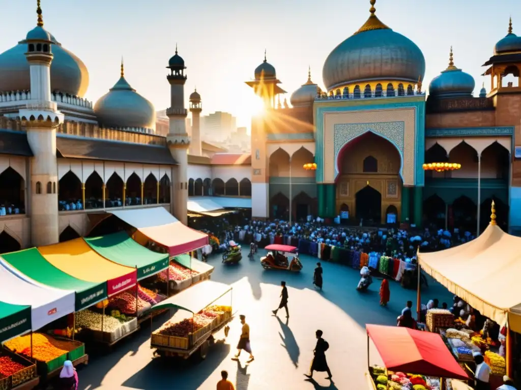 Mercado bullicioso con vendedores callejeros y arquitectura islámica en Sudeste Asiático