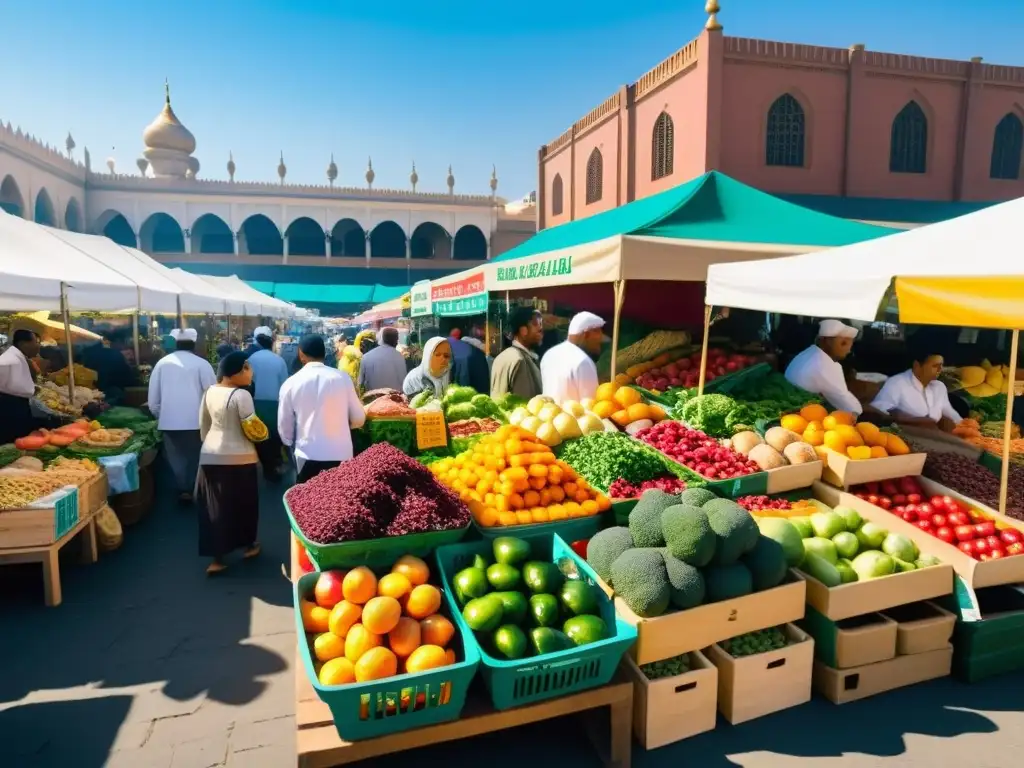 Un mercado bullicioso con vendedores ofreciendo una colorida variedad de frutas, verduras y carnes halal bajo un cielo soleado