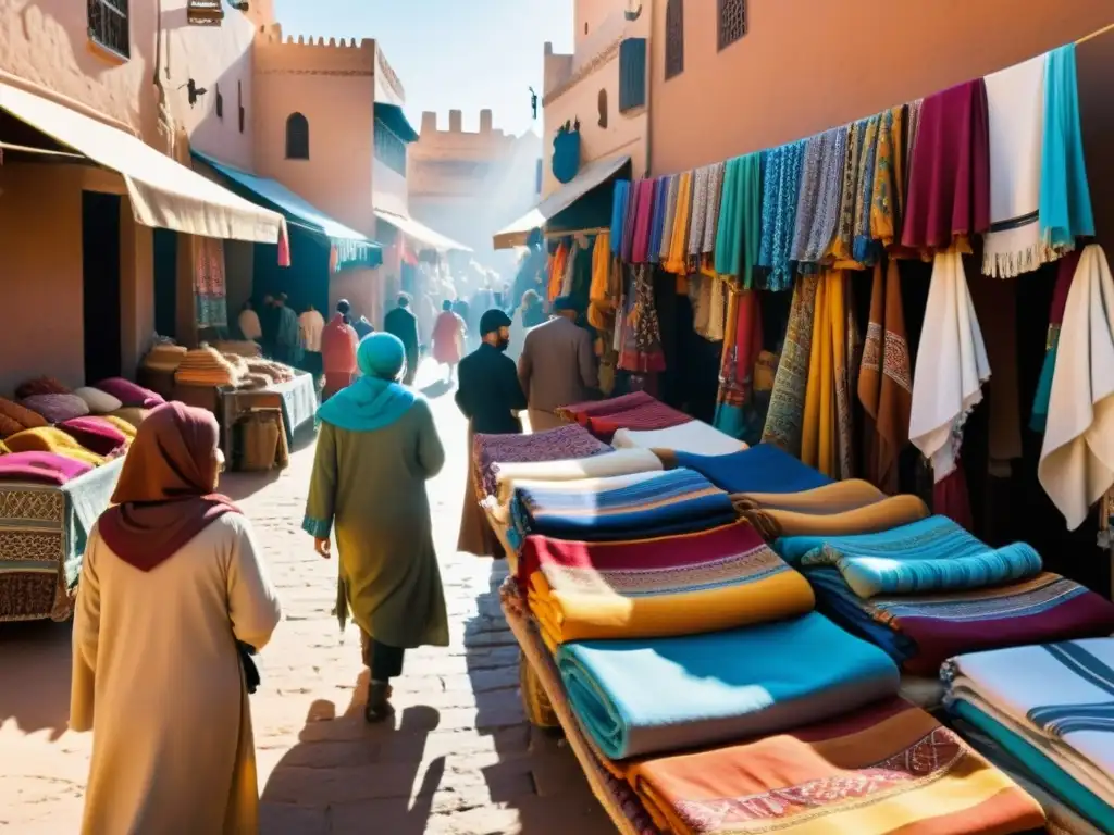 Un mercado bullicioso en Marruecos, con vendedores ofreciendo coloridas y detalladas vestimentas e pañuelos islámicos tradicionales