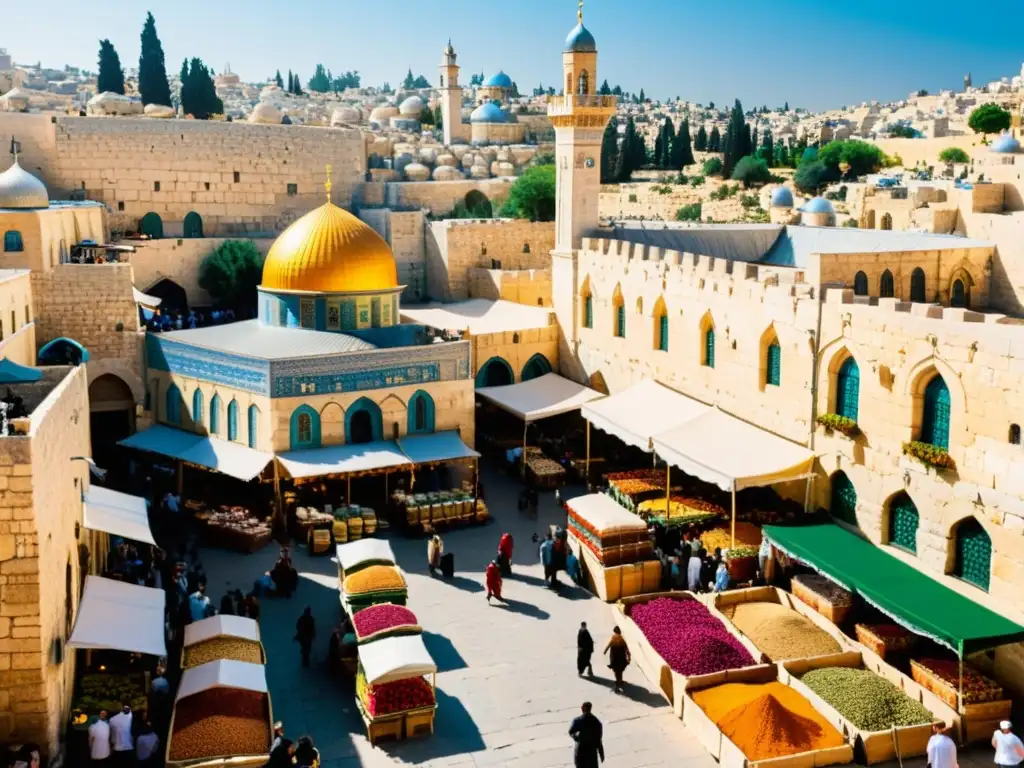 Mercado bullicioso en Jerusalén, con vendedores de especias, textiles y cerámica