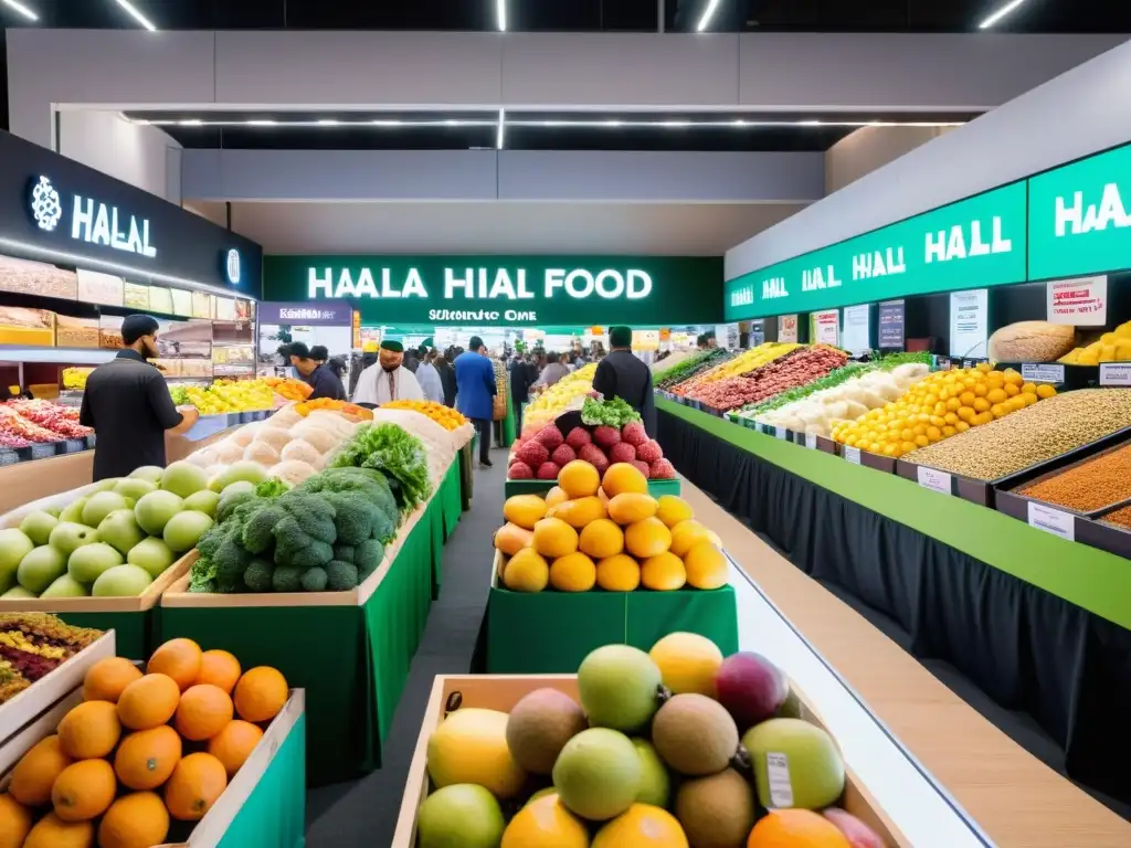 Un mercado bullicioso con vendedores ofreciendo variedad de productos alimenticios halal