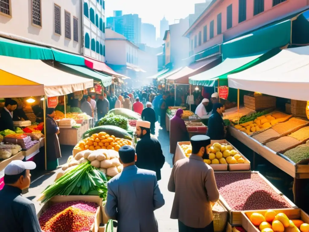 En un mercado bullicioso, vendedores ofrecen una variedad de alimentos halal