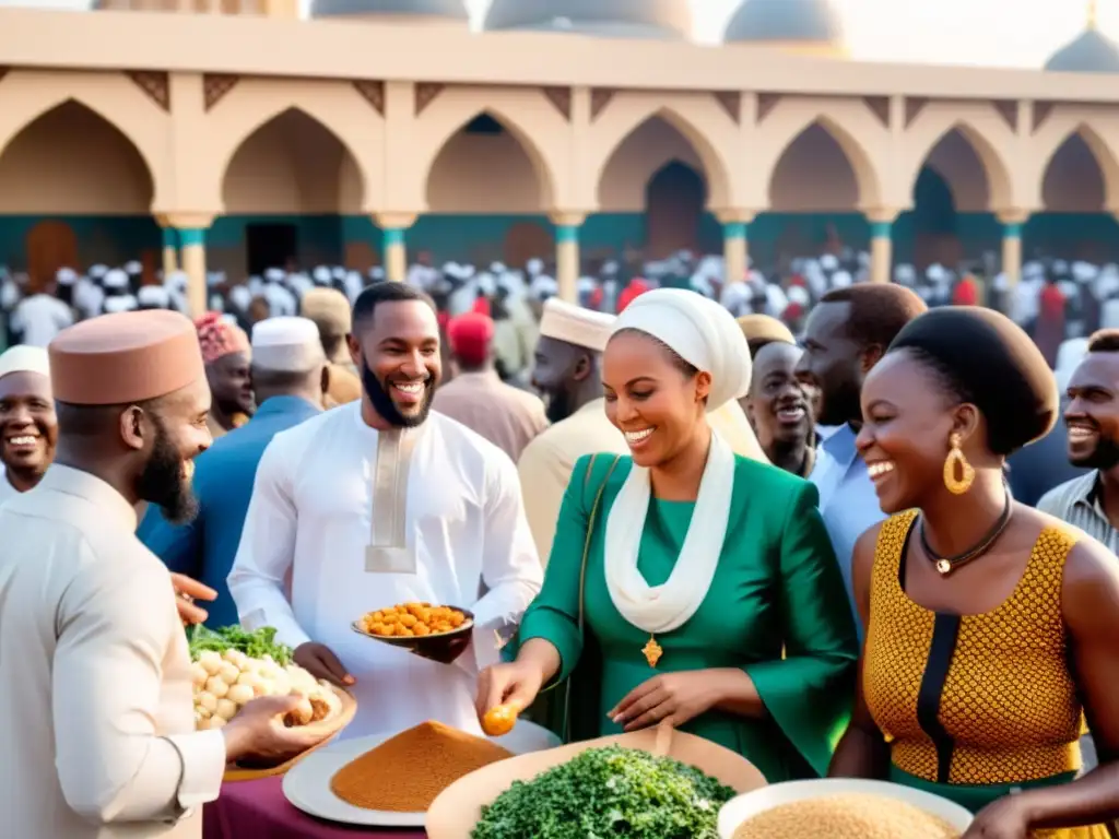 Un mercado bullicioso en una vibrante ciudad africana, donde hombres y mujeres de diferentes religiones comercian y conversan