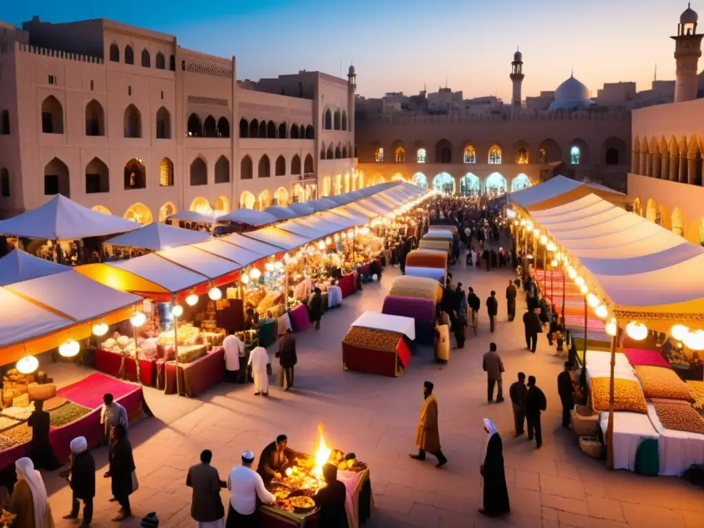 Mercado bullicioso en una vibrante ciudad del Medio Oriente al atardecer, con intercambios y colores