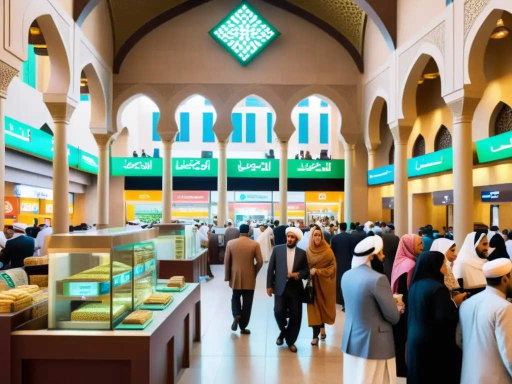 Un mercado bullicioso en una vibrante ciudad del Medio Oriente, con gente realizando transacciones financieras en bancos islámicos modernos y puestos de cambio tradicionales