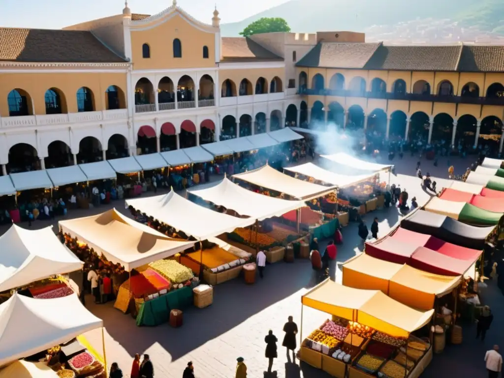 Mercado bullicioso y vibrante, con diversidad cultural, intercambio de bienes y comidas