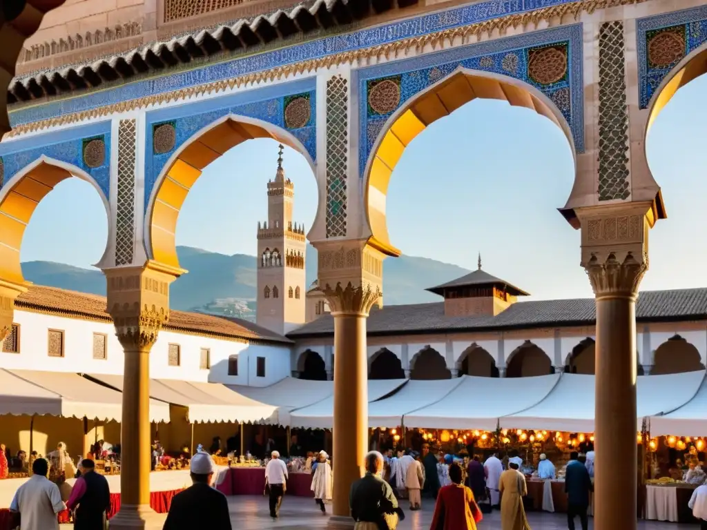 Mercado bullicioso y vibrante en la Granada del siglo XV, con influencia islámica en el Renacimiento, comerciantes y mezcla cultural