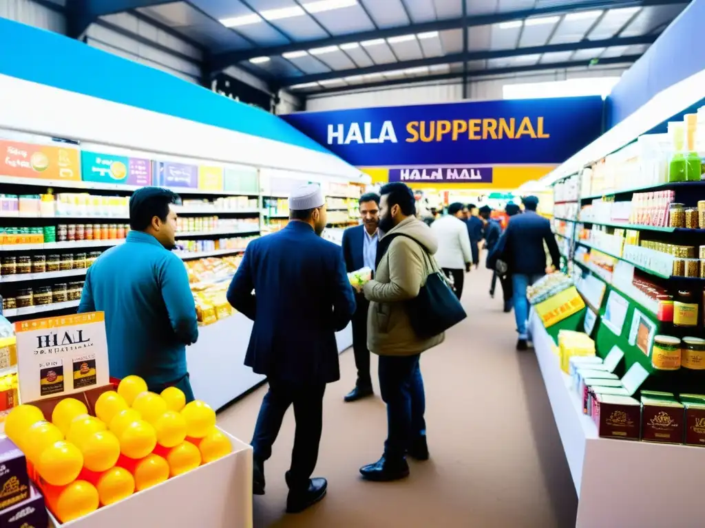 Un mercado bullicioso y vibrante de suplementos Halal, con clientes y vendedores interactuando en un ambiente dinámico y lleno de energía