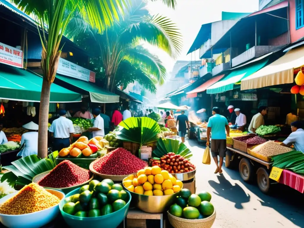 Mercado callejero bullicioso en el Sudeste Asiático con coloridos puestos de frutas exóticas, hierbas fragantes y alimentos halal