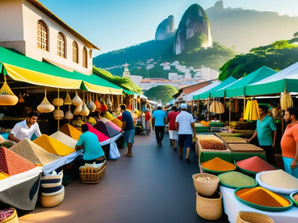 Un mercado callejero bullicioso en Brasil, con vendedores ofreciendo textiles coloridos, especias y arte islámico tradicional