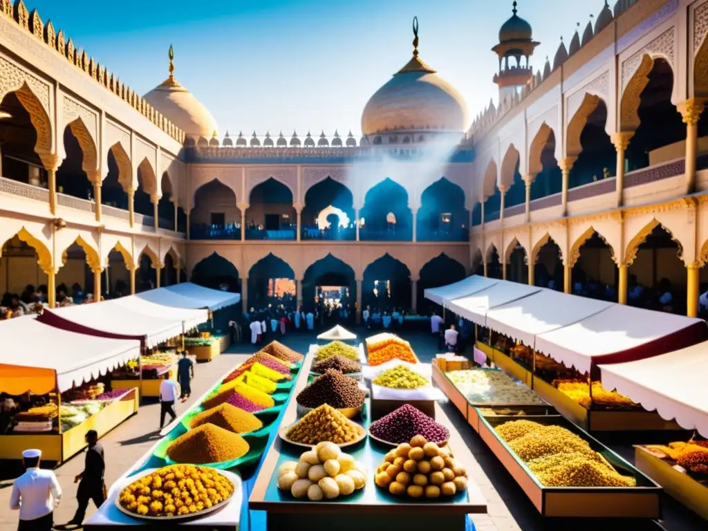 Mercado callejero halal con propuestas innovadoras cocina islámica, coloridos puestos y bulliciosa atmósfera bajo una arquitectura ornamental