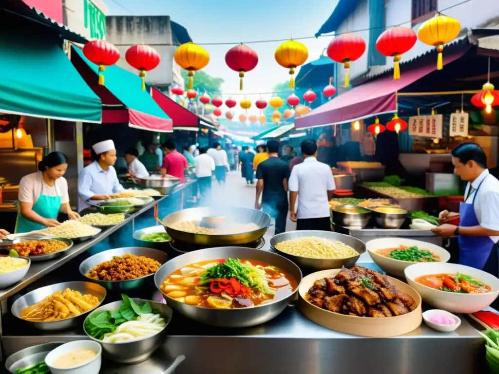 Mercado callejero en el Sudeste Asiático, gastronomía halal en vibrantes puestos y ambiente cultural al atardecer