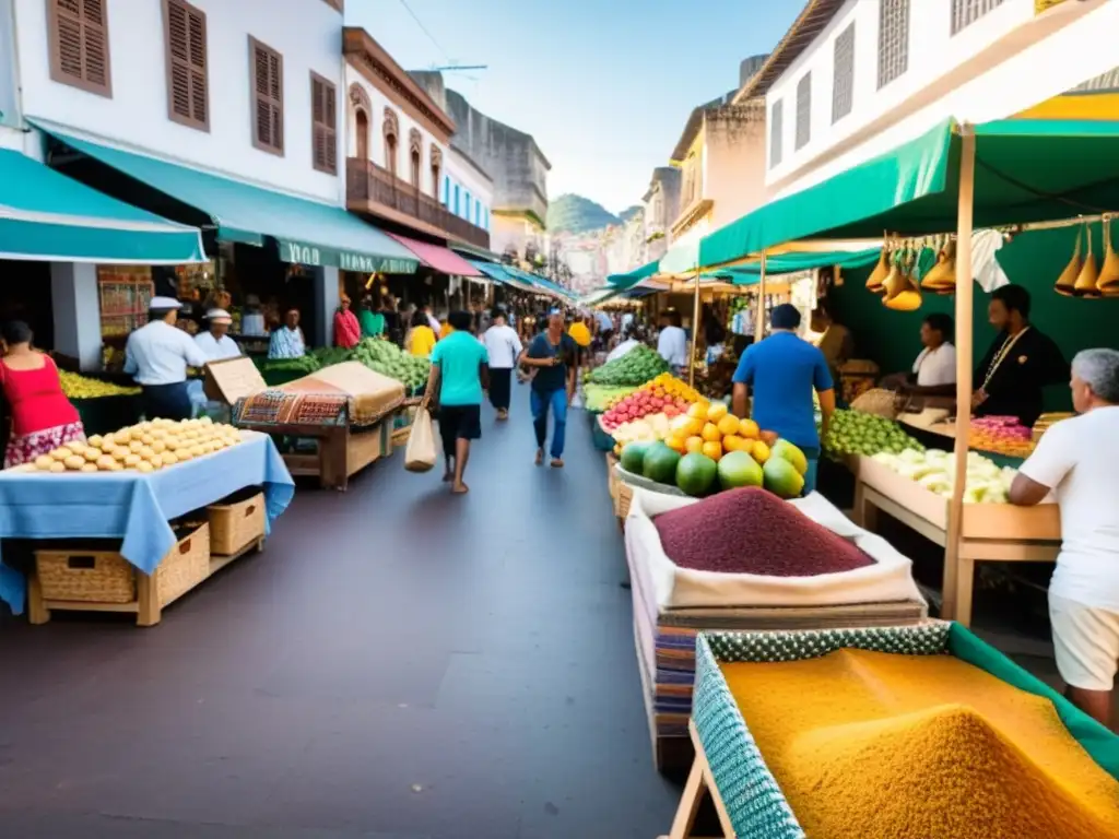 Mercado vibrante en Brasil: influencia cultural y colorido Un mercado callejero vibrante y bullicioso en Brasil, con puestos de colores vendiendo productos brasileños e islámicos