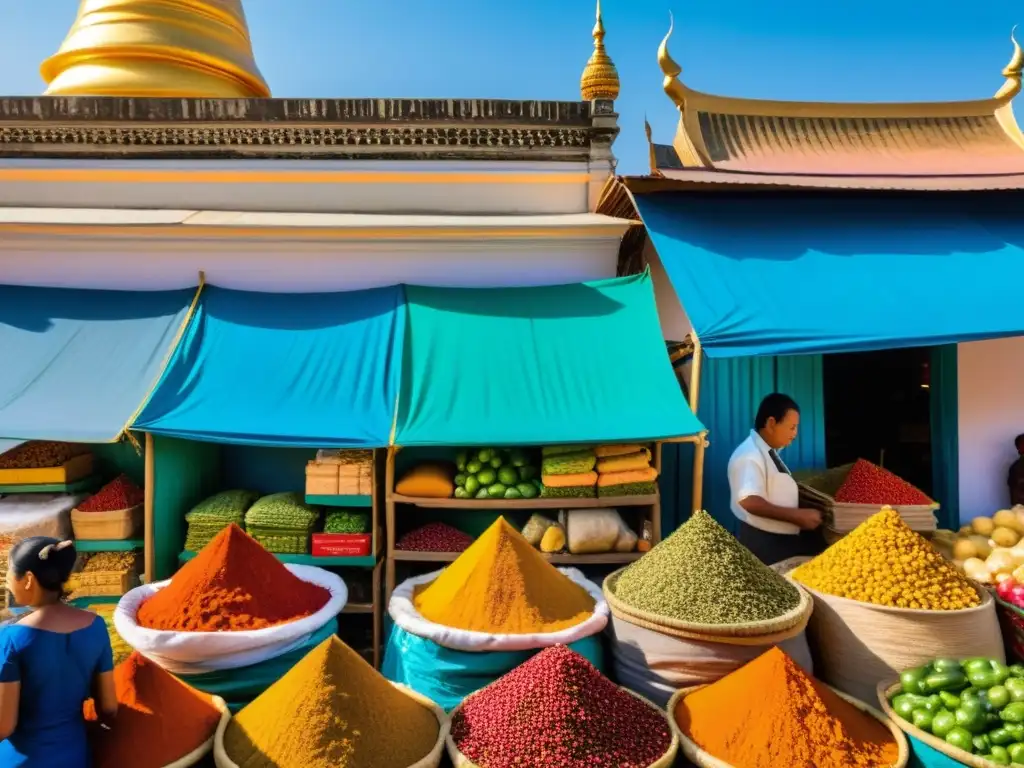 Mercado camboyano bullicioso con colores vivos, vendedores en trajes tradicionales y el aroma de especias exóticas