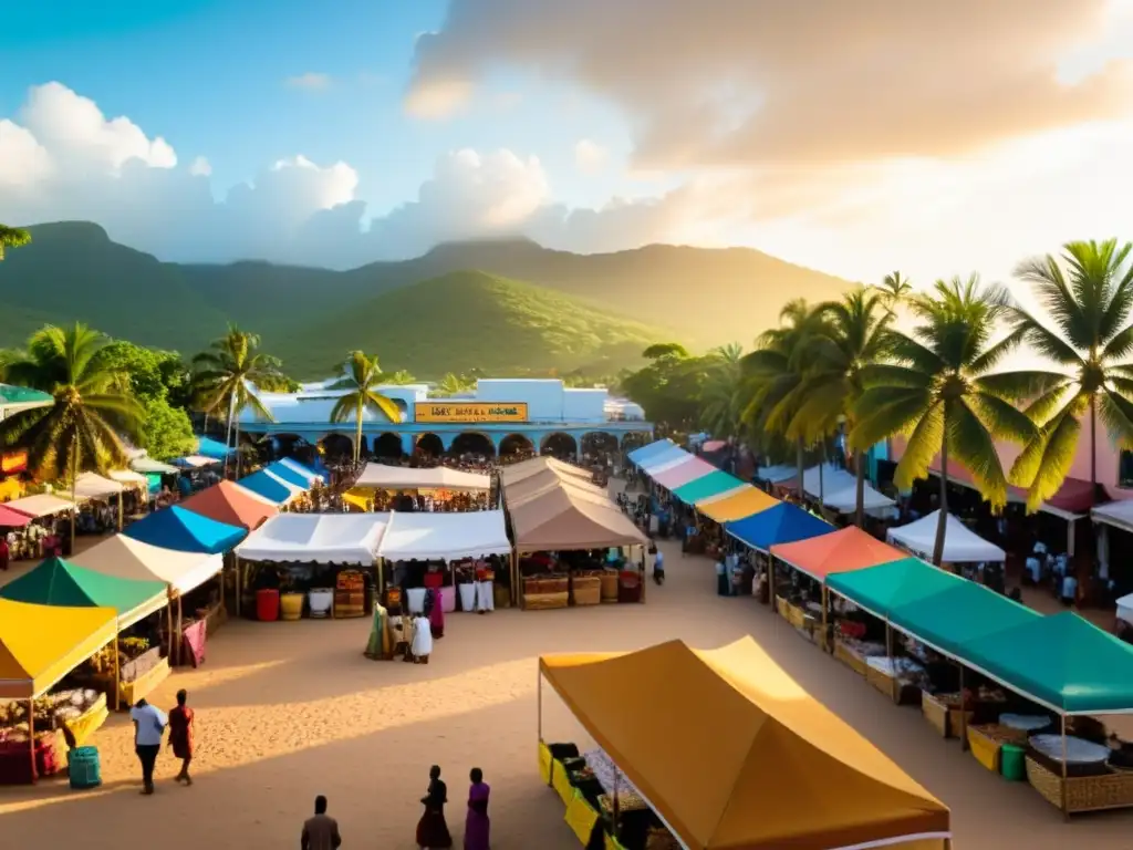 Mercado caribeño: colores, cultura y tradición en la plaza Un mercado caribeño bullicioso con puestos de artesanías islámicas y africanas, textiles y especias