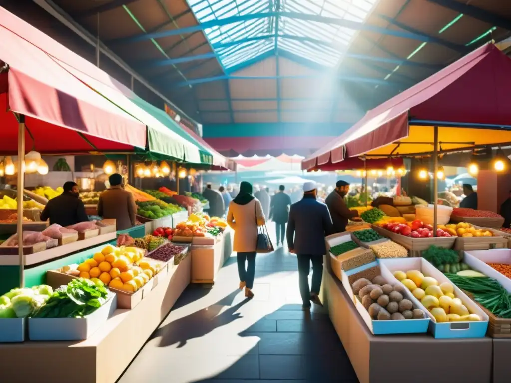Mercado de comida Halal con vibrante variedad de frutas, verduras, especias y carnes frescas