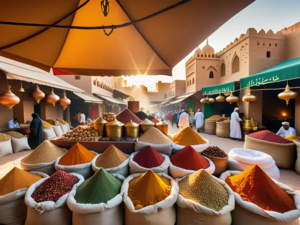 Un mercado de especias bullicioso en una antigua ciudad del Medio Oriente