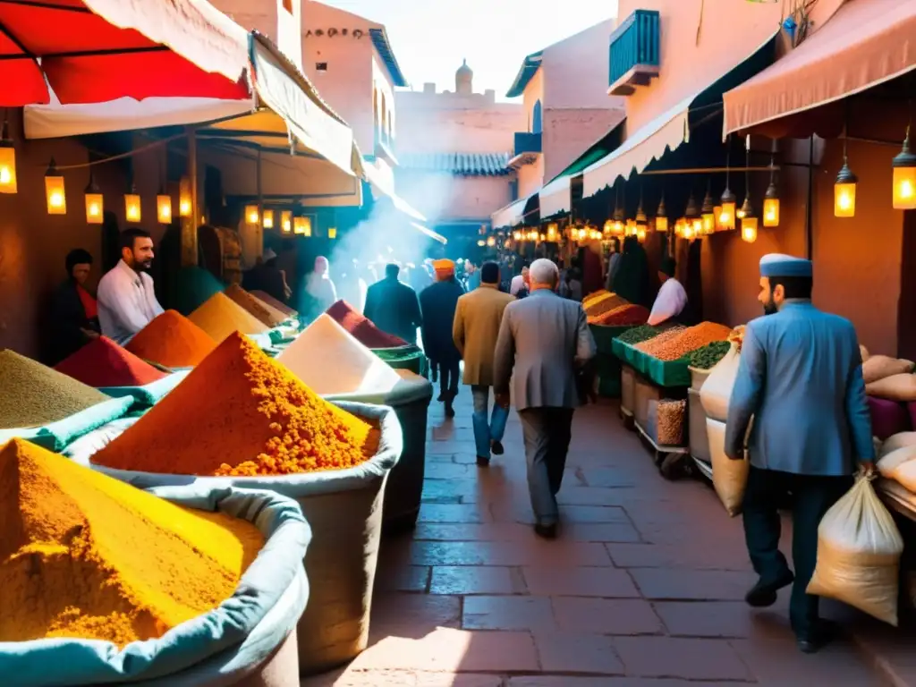 Mercado de especias en Marrakech, Marruecos, colmado de sacos vibrantes de especias como azafrán, comino, pimentón y cúrcuma