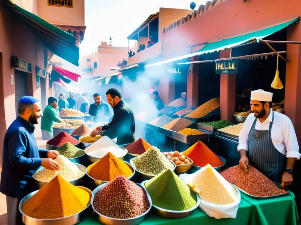 Mercado halal en Marrakech, Marruecos, con especias coloridas, productos frescos y carnes halal bajo el cálido sol de la tarde