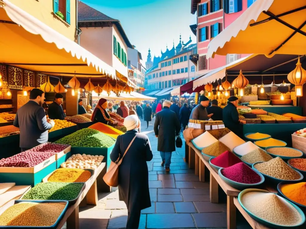 Mercado europeo con puestos de cocina islámica, especias y frutas coloridas, creando una atmósfera vibrante y acogedora