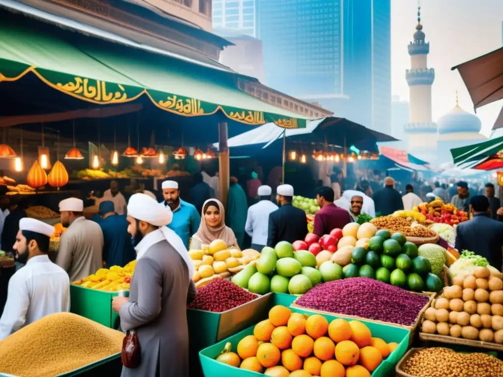 Un mercado halal bullicioso en una ciudad vibrante, con puestos coloridos de frutas frescas, especias y platos tradicionales