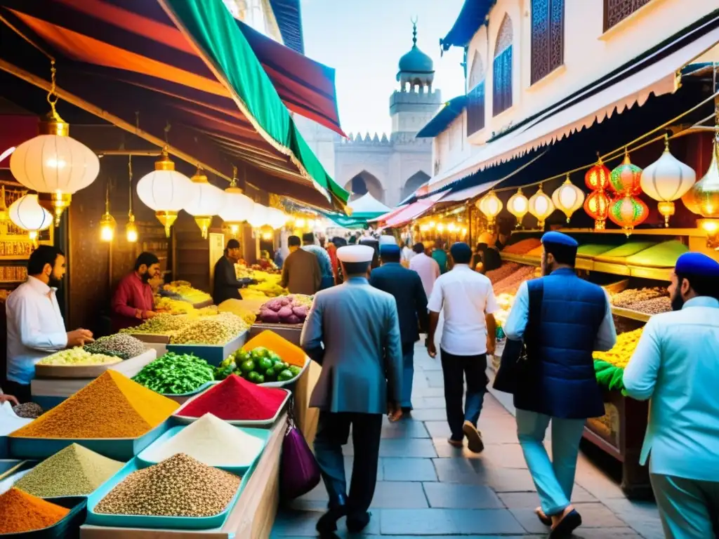 Un mercado halal bullicioso en una ciudad histórica, con puestos vibrantes vendiendo textiles coloridos, especias aromáticas y artesanías islámicas