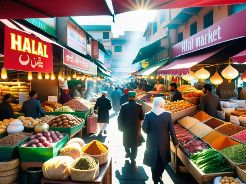 Mercado Halal vibrante: colores y detalles cautivadores Un mercado Halal bullicioso, lleno de colores vibrantes y detalles intrincados, reflejando el impacto económico de la industria Halal