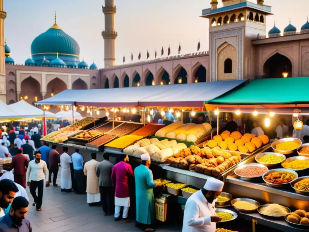 Mercado halal lleno de coloridos puestos vendiendo kebabs, biryani y baklava