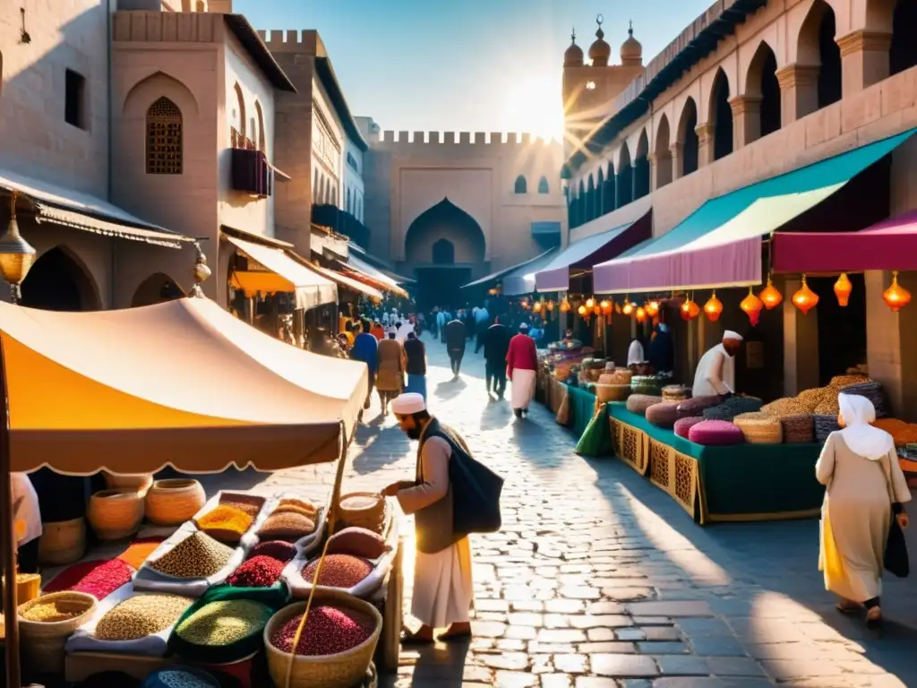 Mercado histórico con convivencia intercultural con no musulmanes, arquitectura islámica, comerciantes y colores vibrantes