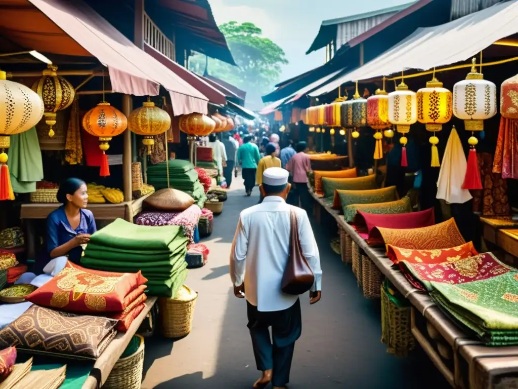 Mercado indonesio bullicioso con textiles batik coloridos, tallas de madera y la presencia islámica en Indonesia y Malasia reflejada en la vida diaria