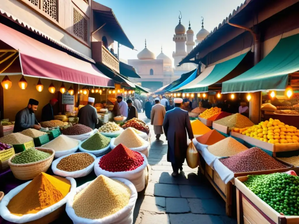 Un mercado islámico bullicioso, lleno de colores y aromas tentadores que evocan la rica gastronomía islámica: Recetas históricas y culturales