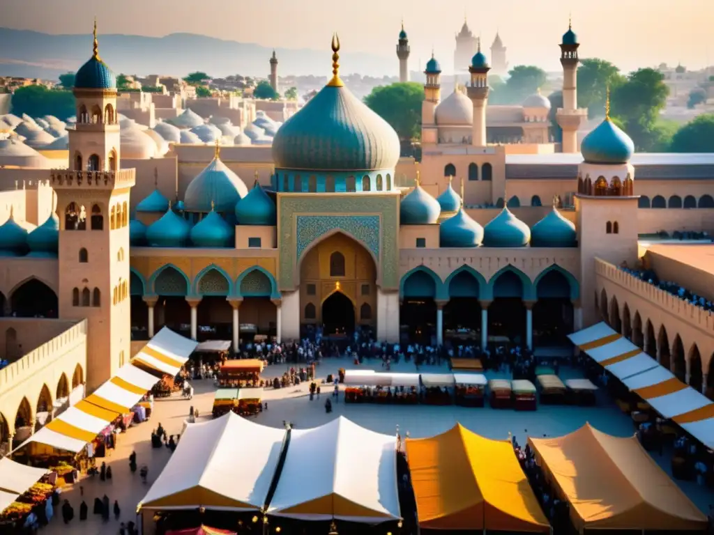 Mercado islámico bullicioso con mezquitas y minaretes