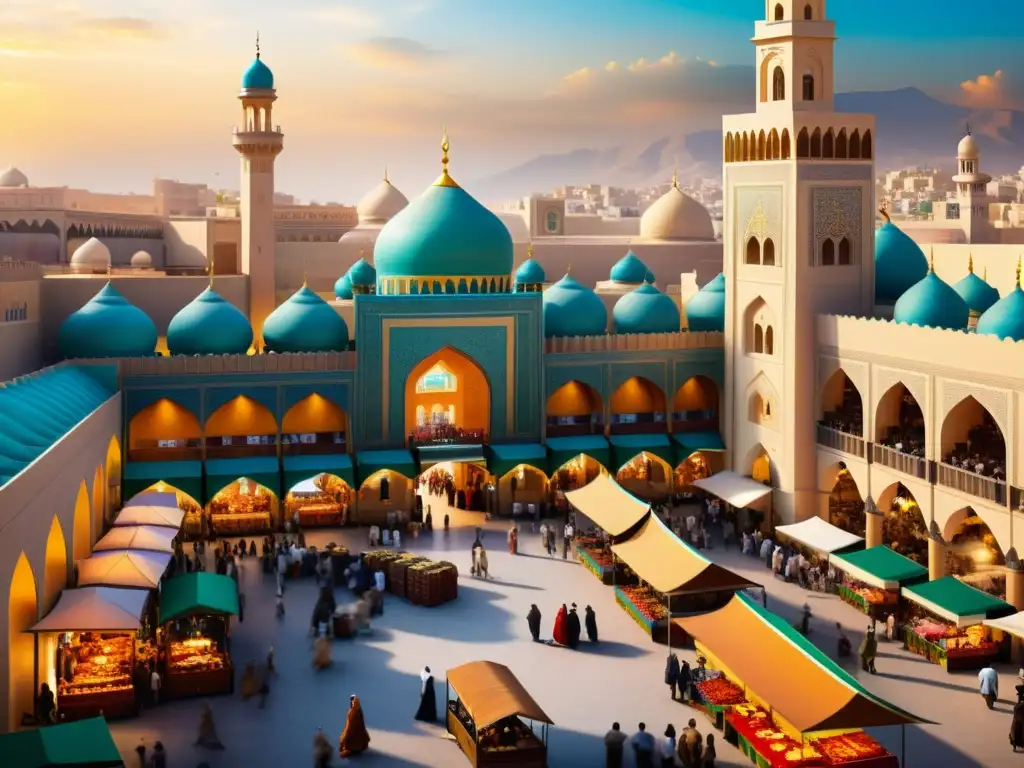 Mercado islámico: comercio ético en una ciudad histórica Mercado islámico bullicioso con productos financieros halal, reflejando justicia económica y diversidad cultural