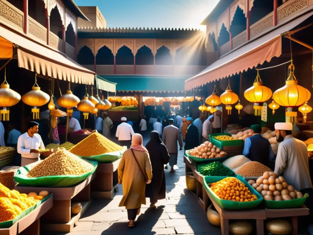 Un mercado islámico bullicioso y vibrante, con arquitectura intrincada y textiles coloridos