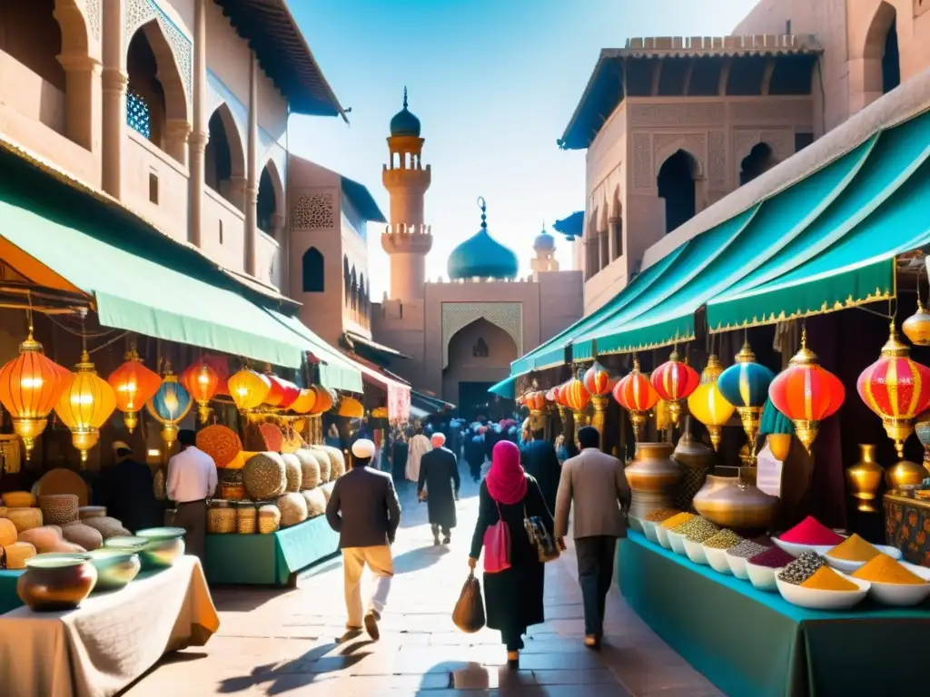 Mercado islámico lleno de vida con artesanía, tecnología y comercio vibrantes en una ciudad histórica