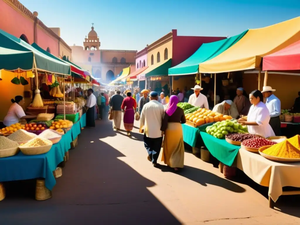 Mercado Latino vibrante con adaptación del Islam en Latinoamérica, colores, comida y artesanías tradicionales en una atmósfera acogedora