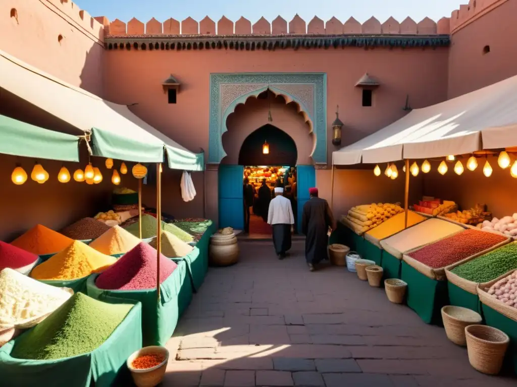 Un mercado halal en Marrakech, Marruecos, lleno de vida y color