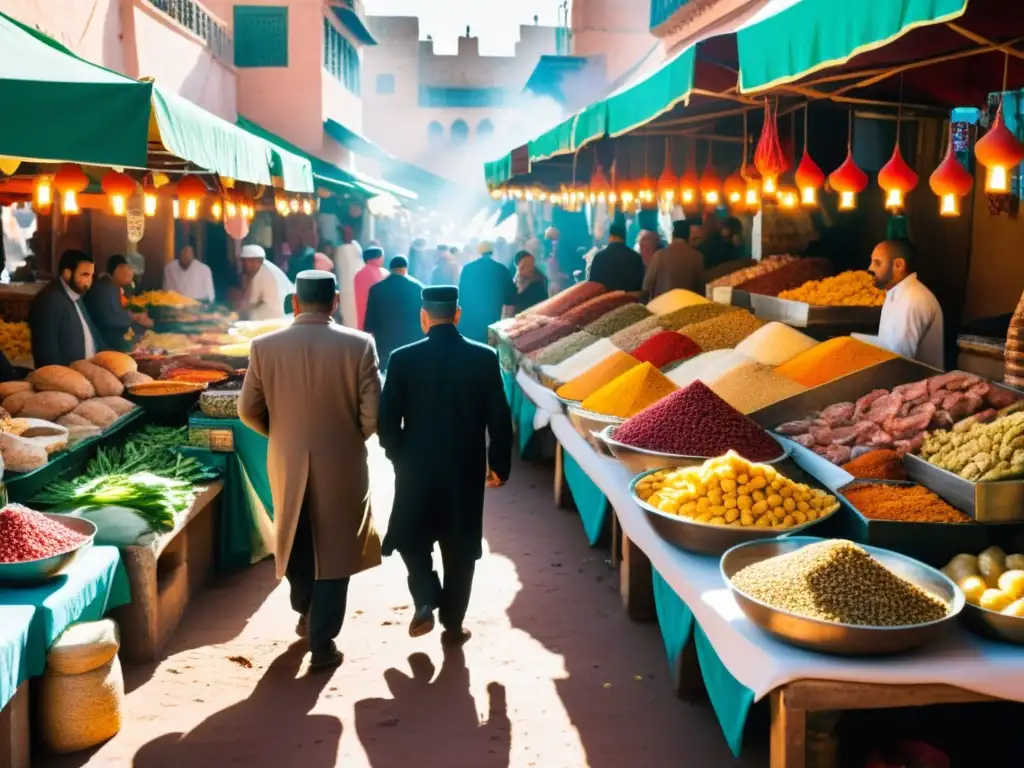 Un mercado marroquí bullicioso con puestos de colores vendiendo una variedad de carnes halal, especias y productos frescos