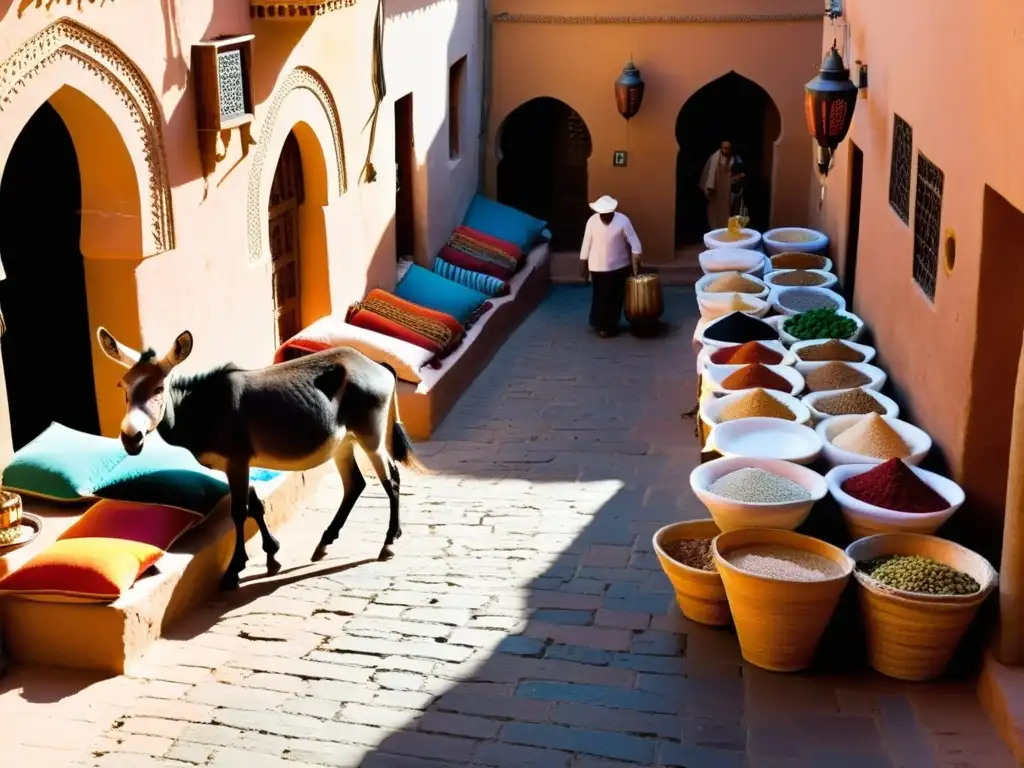 Mercado marroquí bullicioso con puestos de colores, textiles, cerámica y especias