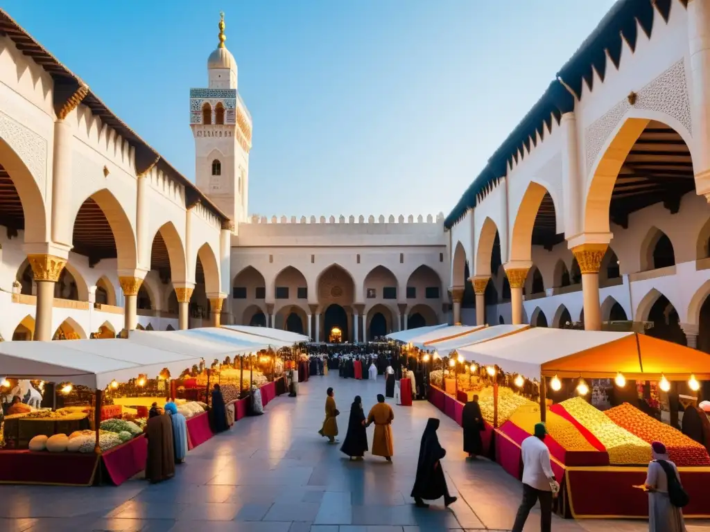 Mercado medieval bullicioso con influencias culturales entre musulmanes y cruzados