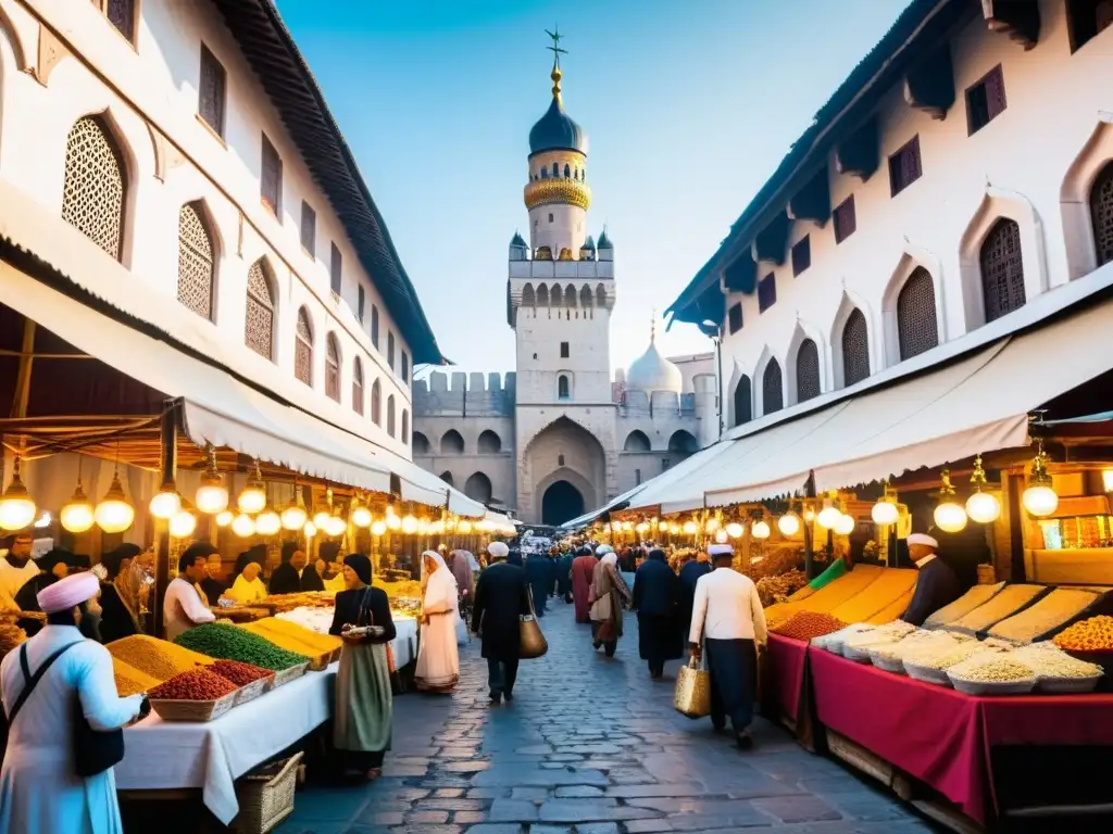 Mercado medieval bullicioso con mercaderes de todo el mundo y la influencia del Califato en la Modernidad