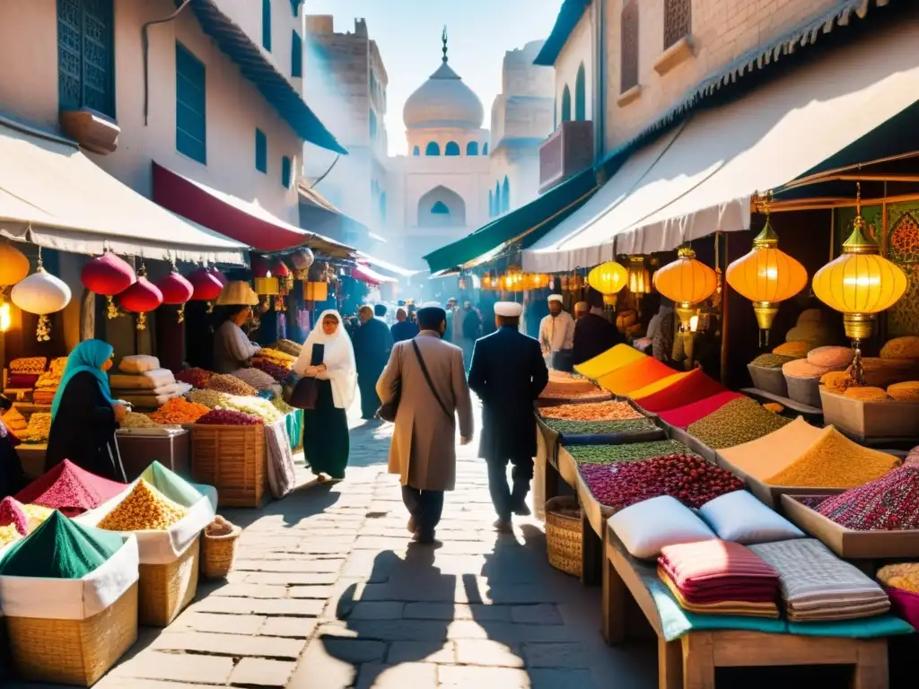 Mercado del mundo islámico con colores vibrantes, especias y productos artesanales bajo el cálido sol, creando una atmósfera vibrante y llena de vida