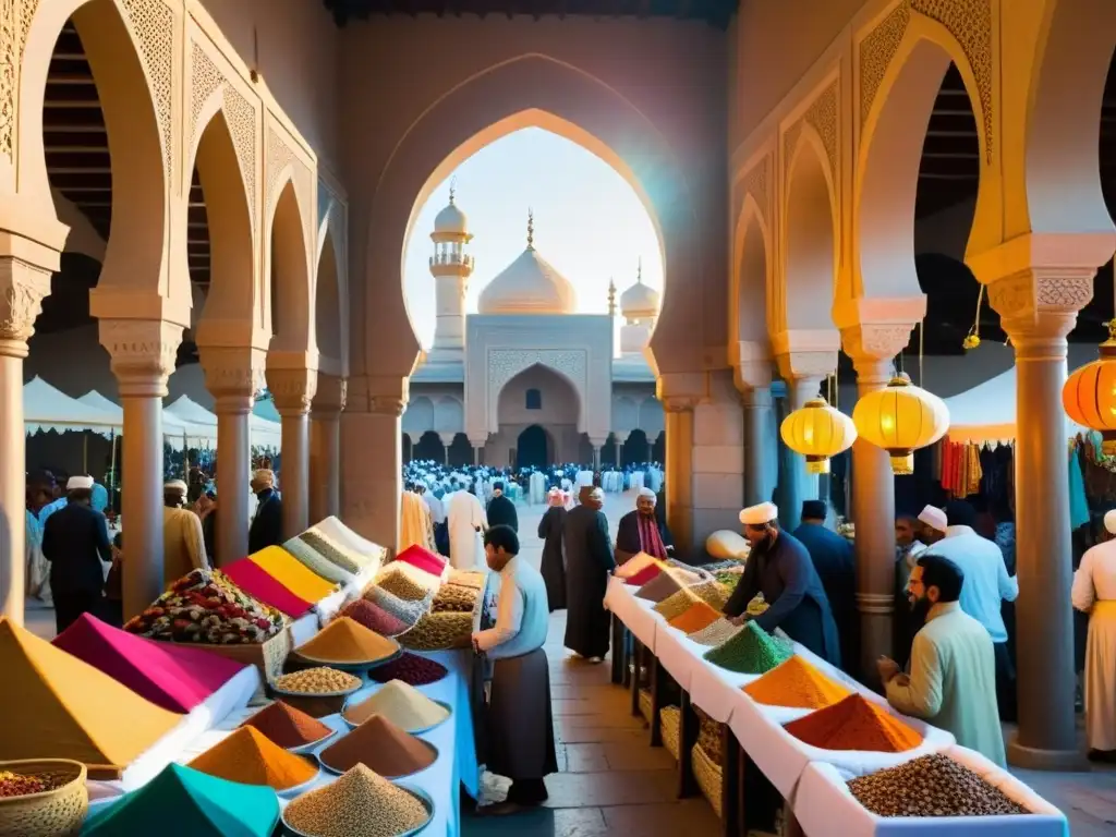 Mercado del mundo islámico con vibrante comercio de textiles, especias y artesanías bajo el cálido sol de la tarde, entre arcos decorados y diversidad cultural