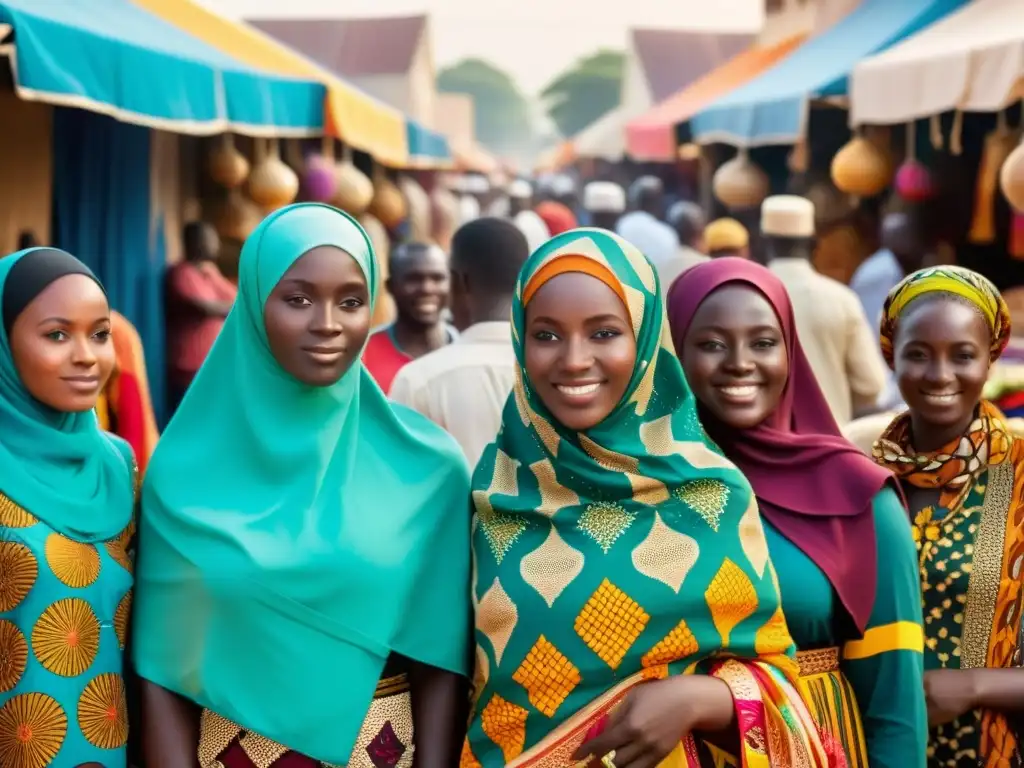 Un mercado en Ghana con musulmanes vistiendo prendas tradicionales