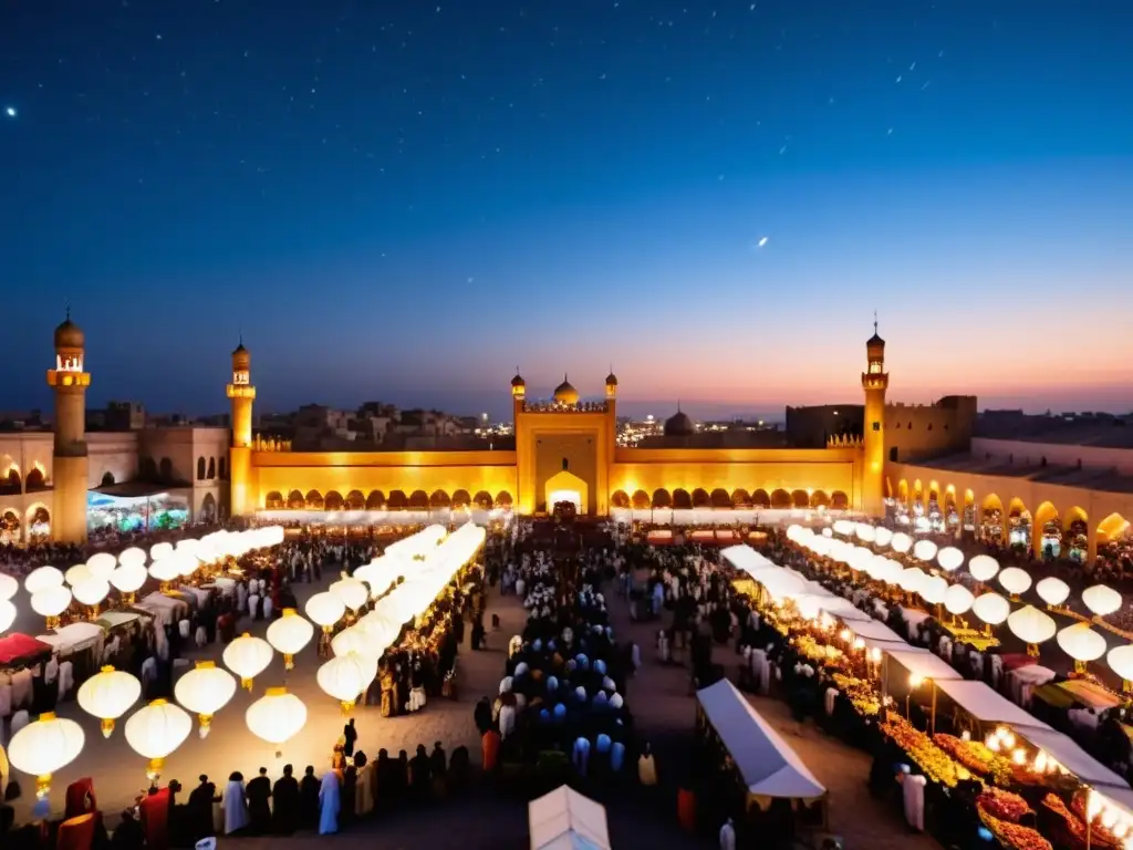 Mercado nocturno animado en una ciudad antigua, iluminado por faroles tradicionales, gente en oración y la significativa tradición de Lailat alQadr